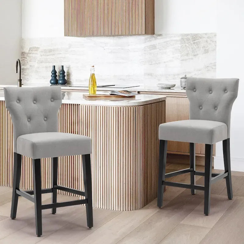 Button Tufted Wingback Counter Height Bar Stool Set of 2 Farmhouse Grey Beige
