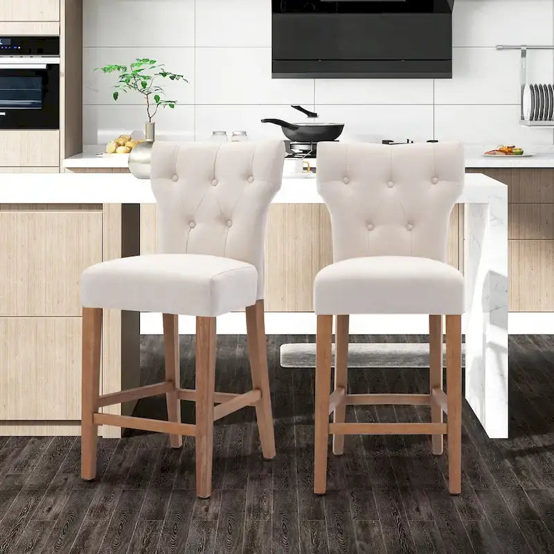 Button Tufted Wingback Counter Height Bar Stool Set of 2 Farmhouse Grey Beige