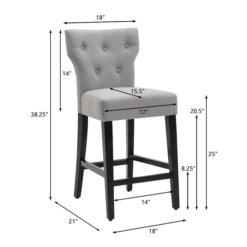 Button Tufted Wingback Counter Height Bar Stool Set of 2 Farmhouse Grey Beige