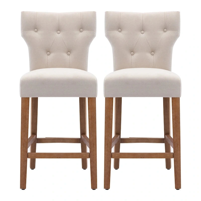 Button Tufted Wingback Counter Height Bar Stool Set of 2 Farmhouse Grey Beige
