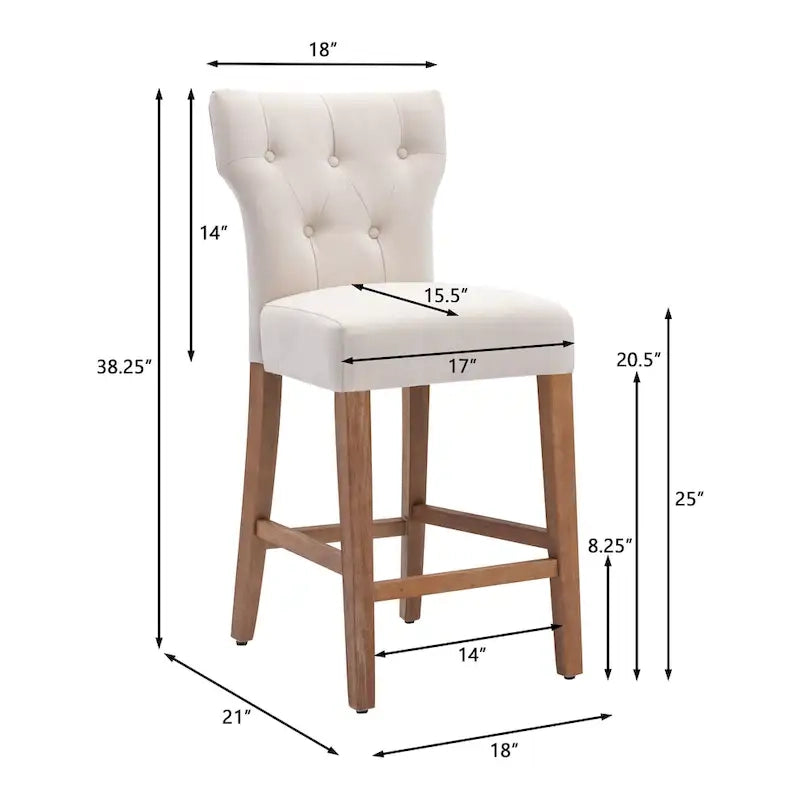 Button Tufted Wingback Counter Height Bar Stool Set of 2 Farmhouse Grey Beige