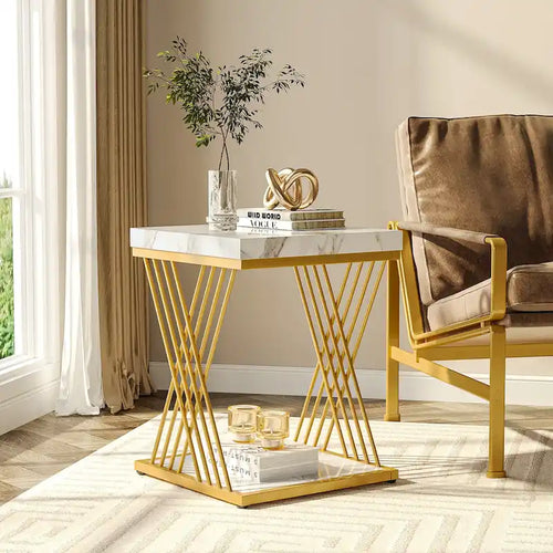 2-Tier Square Side Table Set of 2 Faux Marble Top Gold X-Frame End Table Nightstand