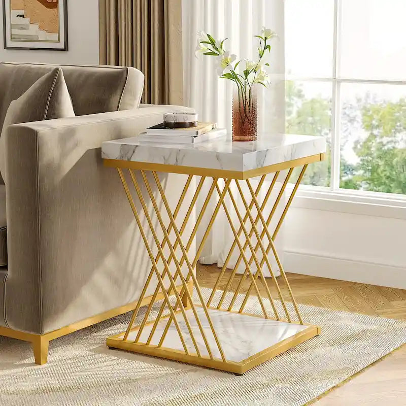 Square Side Table White Gold End Table Set of 2