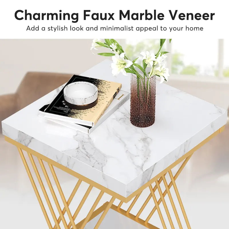 Square Side Table White Gold End Table Set of 2
