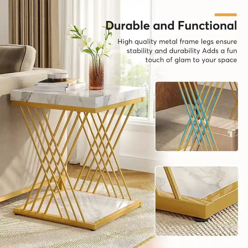 Square Side Table White Gold End Table Set of 2
