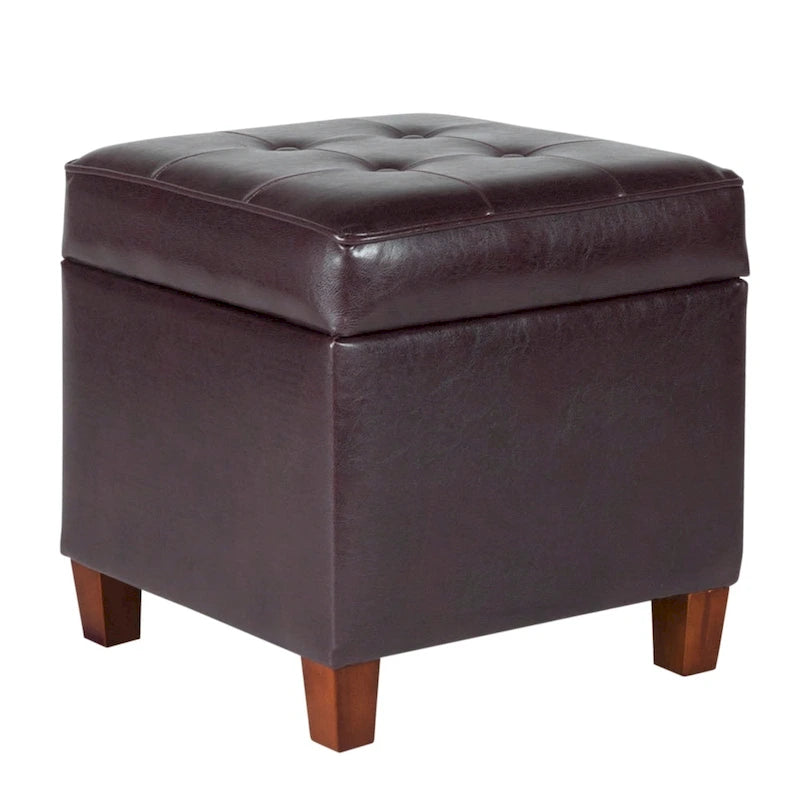 Square Tufted Faux Leather Storage Ottoman Lift Top Wood Legs Deep Brown
