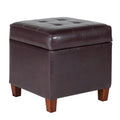 Square Tufted Faux Leather Storage Ottoman Lift Top Wood Legs Deep Brown