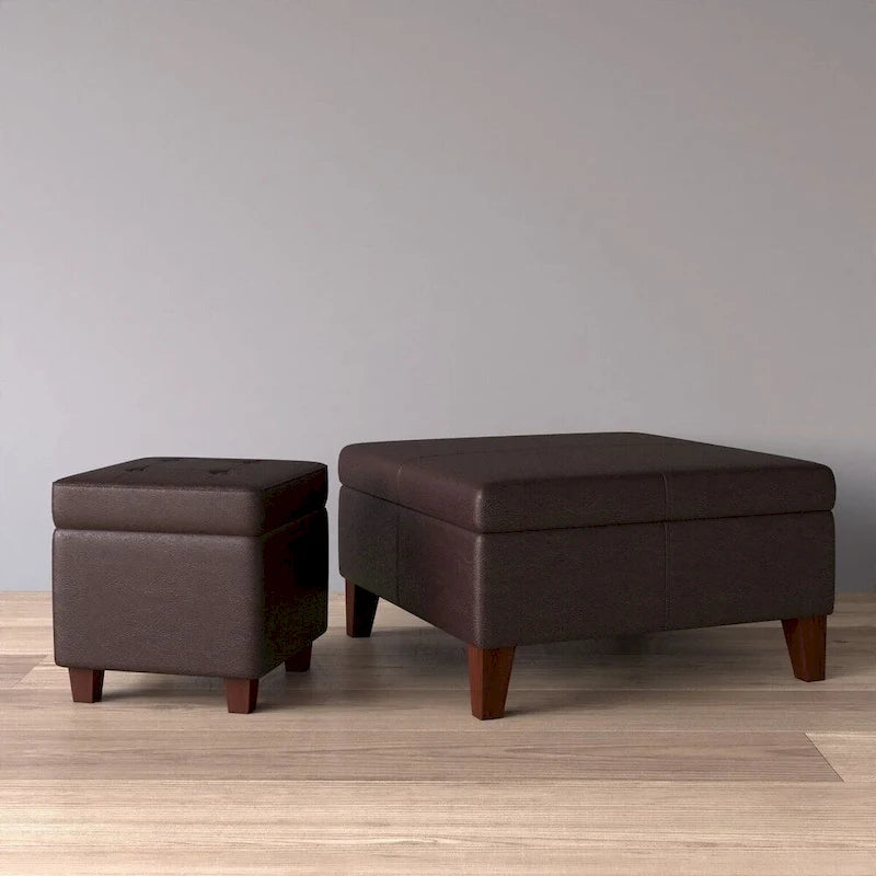 Square Tufted Faux Leather Storage Ottoman Lift Top Wood Legs Deep Brown