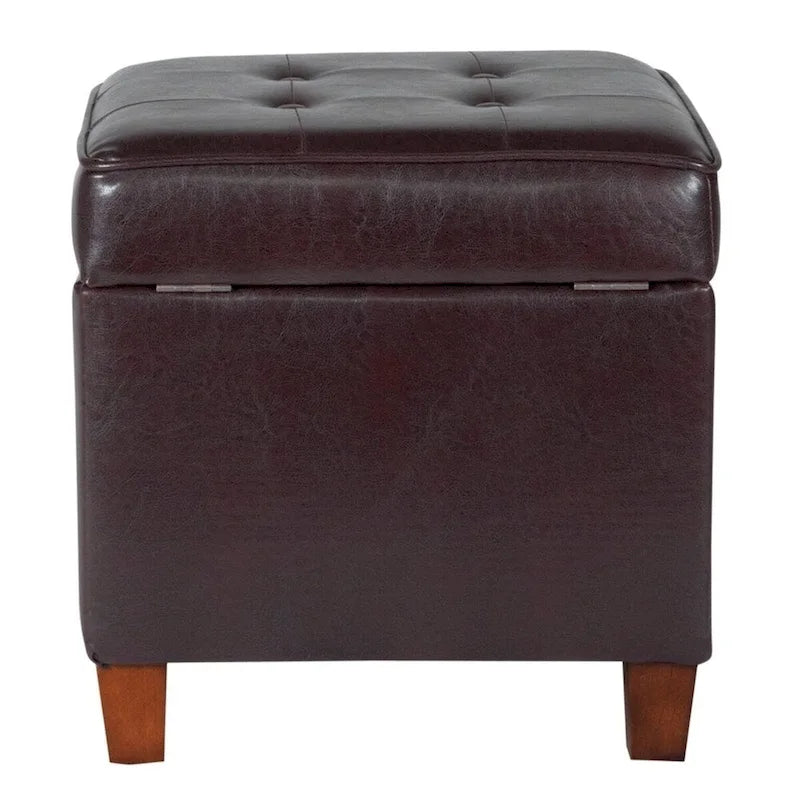 Square Tufted Faux Leather Storage Ottoman Lift Top Wood Legs Deep Brown