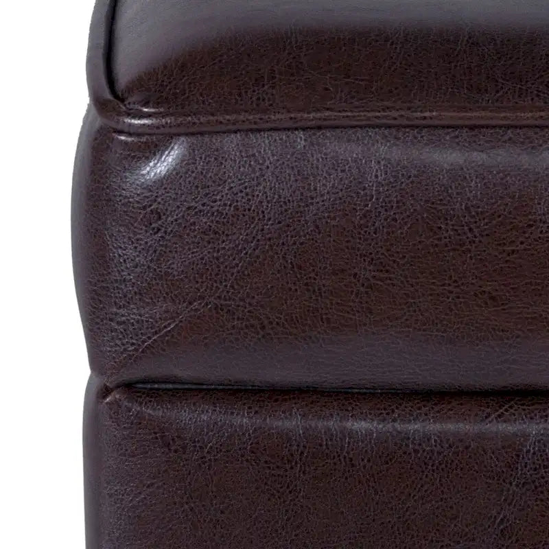 Square Tufted Faux Leather Storage Ottoman Lift Top Wood Legs Deep Brown