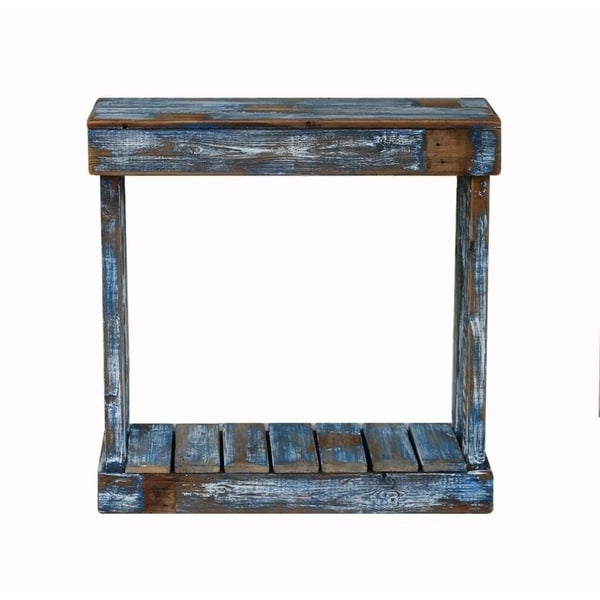 Reclaimed Wood Open Shelf End Table Heavily Distressed Rustic Blue White