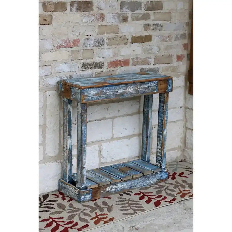 Reclaimed Wood Open Shelf End Table Heavily Distressed Rustic Blue White