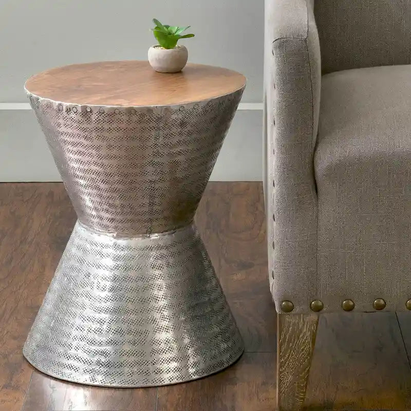 Stamped Metal And Wood Hourglass Accent Table by East at Main