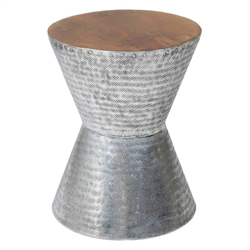Hourglass Hammered Aluminum Accent Table Teak Wood Top Silver Natural Brown