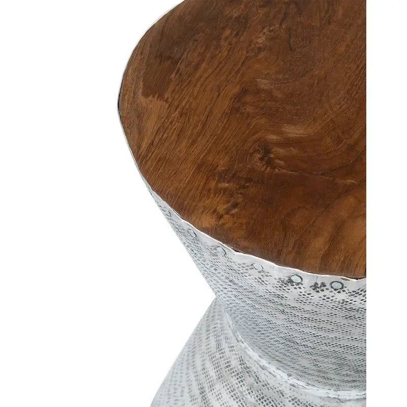 Hourglass Hammered Aluminum Accent Table Teak Wood Top Silver Natural Brown