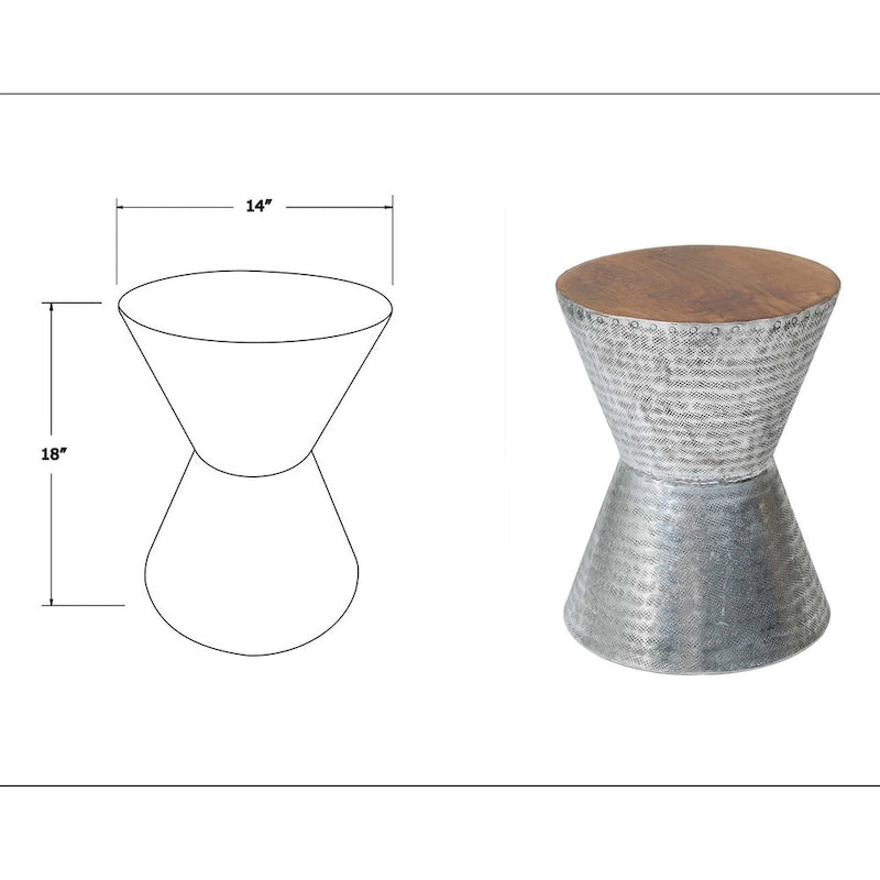 Sanduhrförmiger Beistelltisch aus gehämmertem Aluminium mit Teakholzplatte, silberfarben, naturbraun