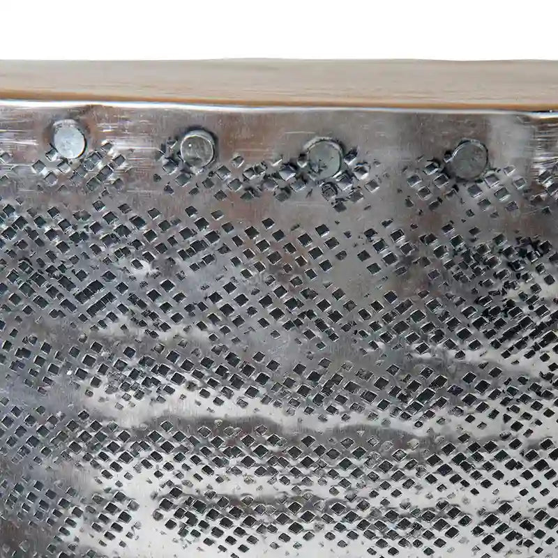 Hourglass Hammered Aluminum Accent Table Teak Wood Top Silver Natural Brown