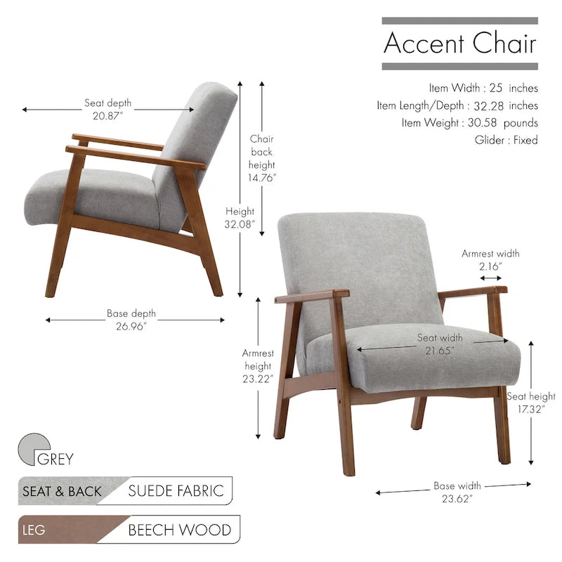 Suede Accent Chair Beech Wood Arms Legs Thick Cushion Rustic Grey Blue Dark Grey