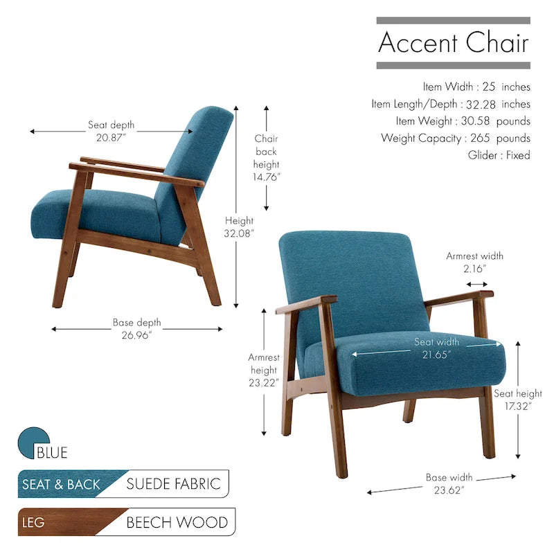 Suede Accent Chair Beech Wood Arms Legs Thick Cushion Rustic Grey Blue Dark Grey