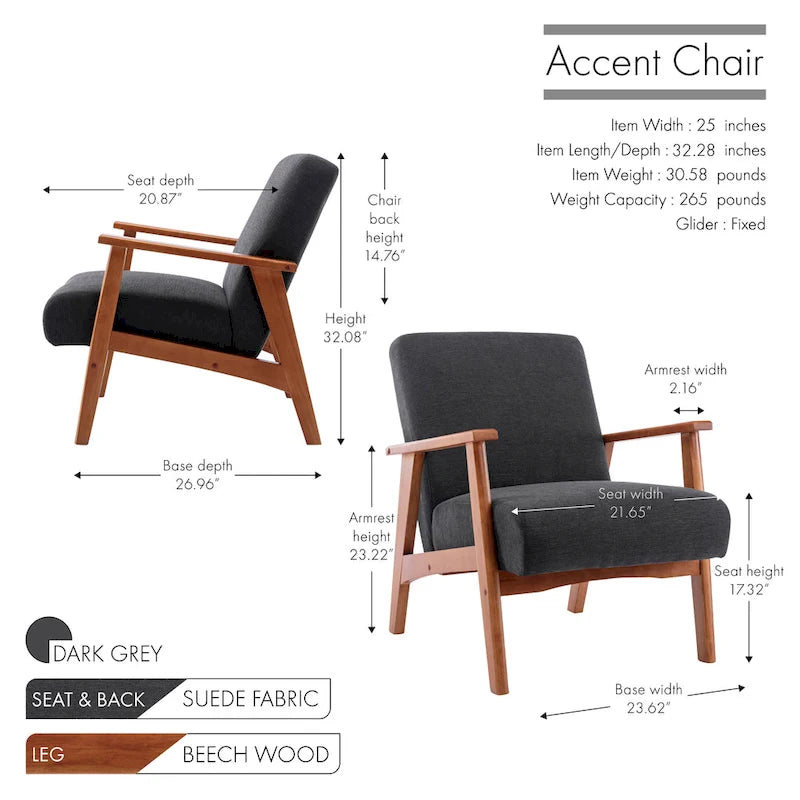 Suede Accent Chair Beech Wood Arms Legs Thick Cushion Rustic Grey Blue Dark Grey