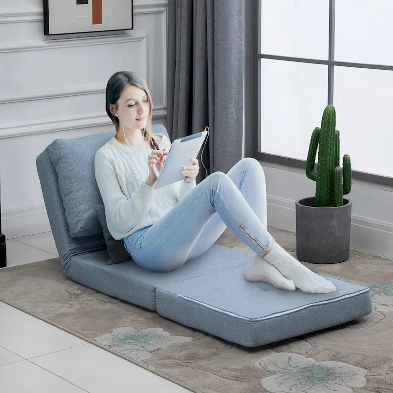 Convertible Folding Floor Sofa Bed Reclining Chair Linen Light Grey Dark Blue