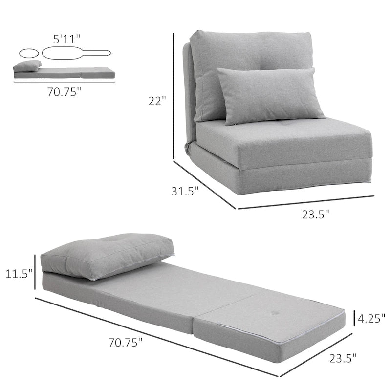Convertible Folding Floor Sofa Bed Reclining Chair Linen Light Grey Dark Blue