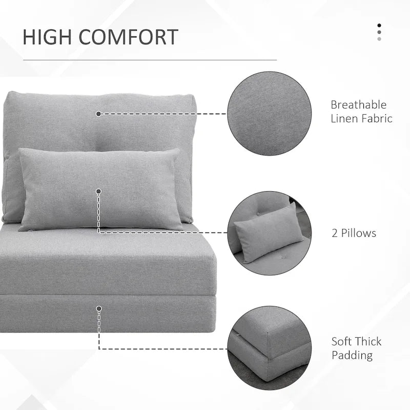 Convertible Folding Floor Sofa Bed Reclining Chair Linen Light Grey Dark Blue