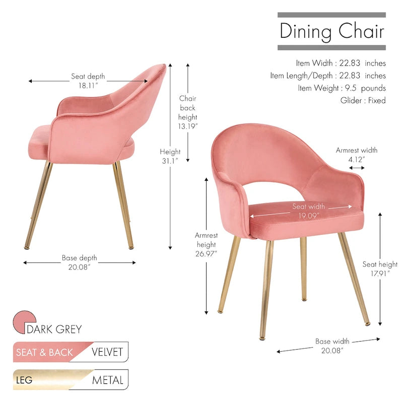 Modern Velvet Dining Chair Open Back Gilded Metal Legs Aqua Grey Rose
