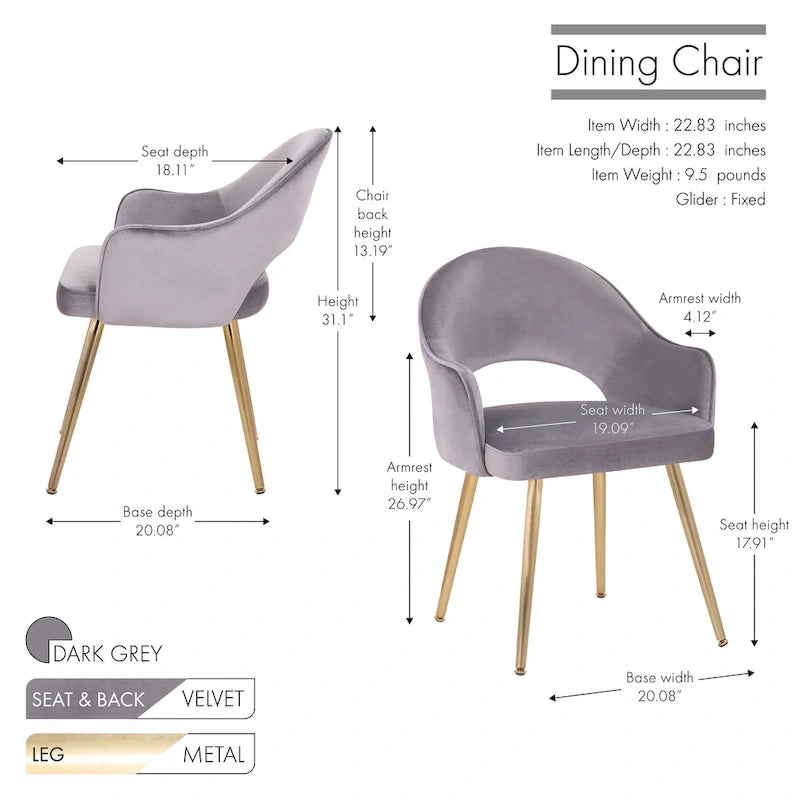 Modern Velvet Dining Chair Open Back Gilded Metal Legs Aqua Grey Rose
