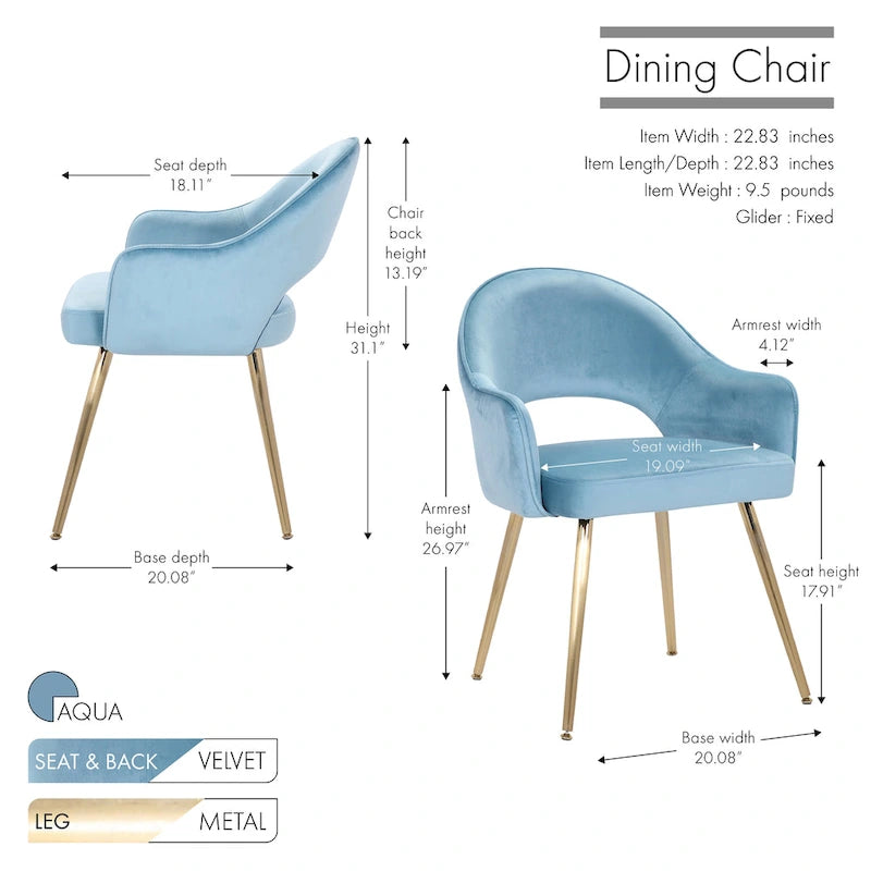 Modern Velvet Dining Chair Open Back Gilded Metal Legs Aqua Grey Rose