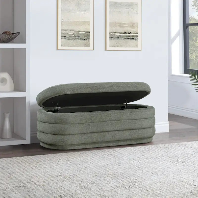 48 Inch Channel Tufted Storage Bench Lift Top Soft Close Fully Assembled Sherpa Ivory Taupe