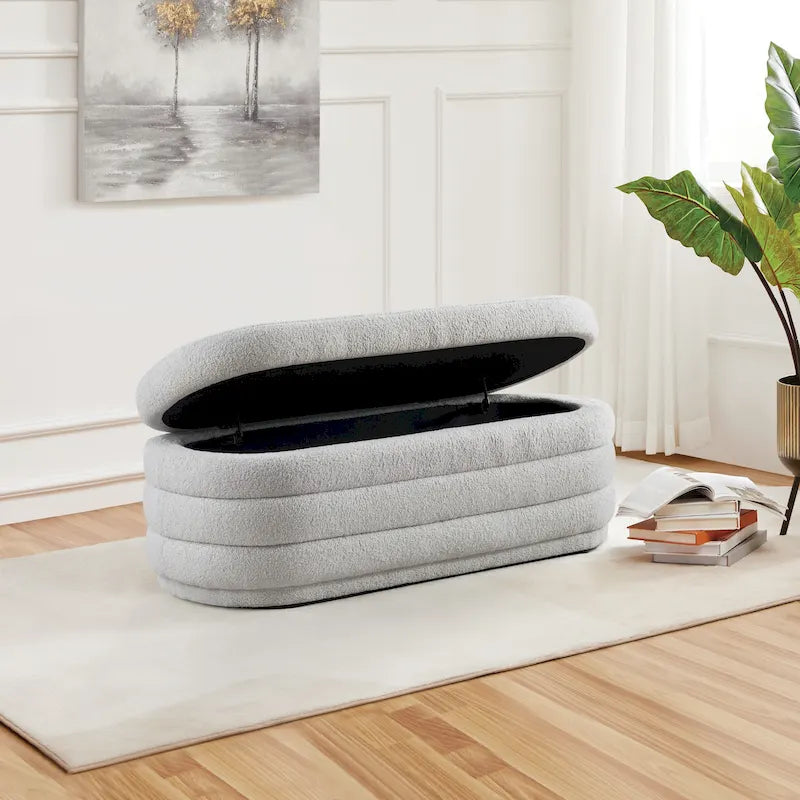 48 Inch Channel Tufted Storage Bench Lift Top Soft Close Fully Assembled Sherpa Ivory Taupe
