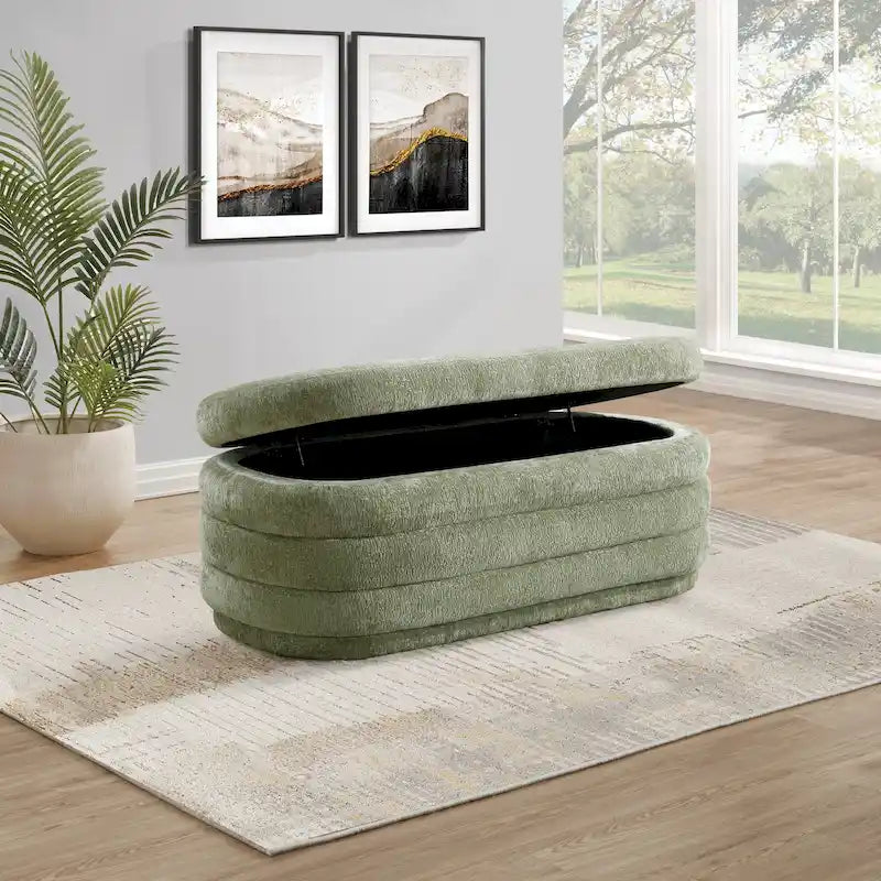 48 Inch Channel Tufted Storage Bench Lift Top Soft Close Fully Assembled Sherpa Ivory Taupe