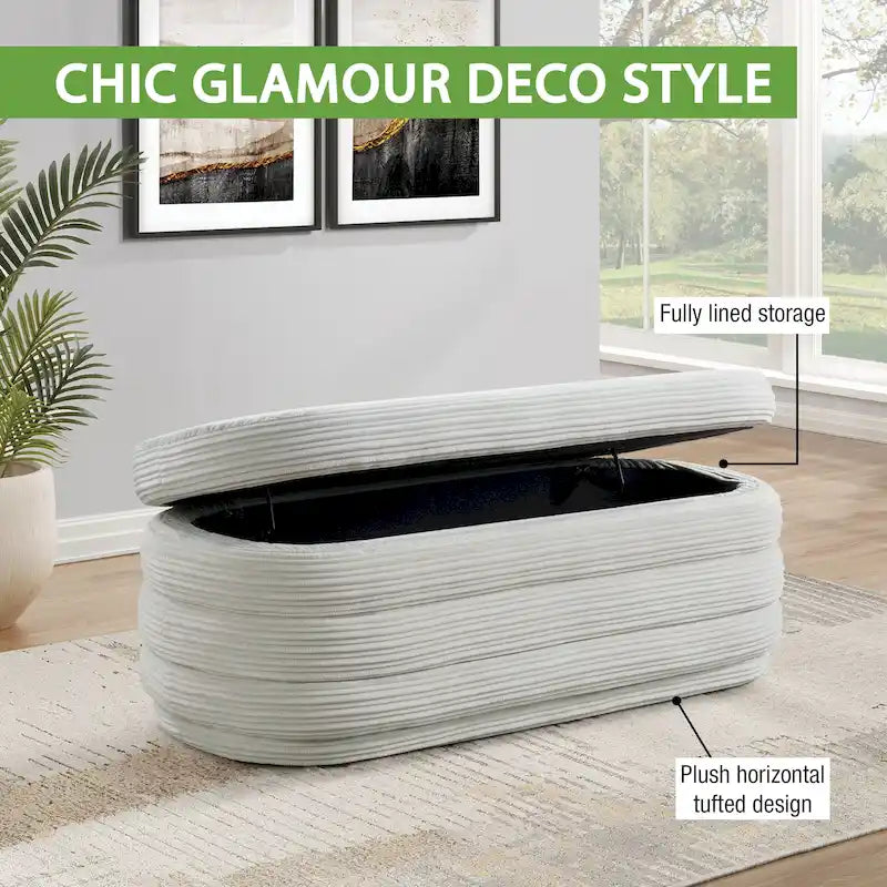 48 Inch Channel Tufted Storage Bench Lift Top Soft Close Fully Assembled Sherpa Ivory Taupe