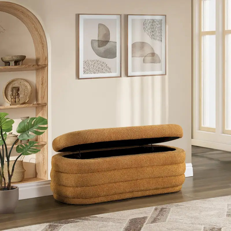 48 Inch Channel Tufted Storage Bench Lift Top Soft Close Fully Assembled Sherpa Ivory Taupe