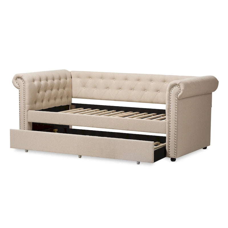 Twin Upholstered Daybed with Roll-Out Trundle Rolled Arms Nailhead Trim Beige Grey
