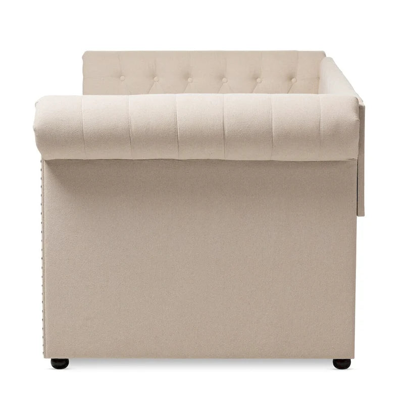 Twin Upholstered Daybed with Roll-Out Trundle Rolled Arms Nailhead Trim Beige Grey