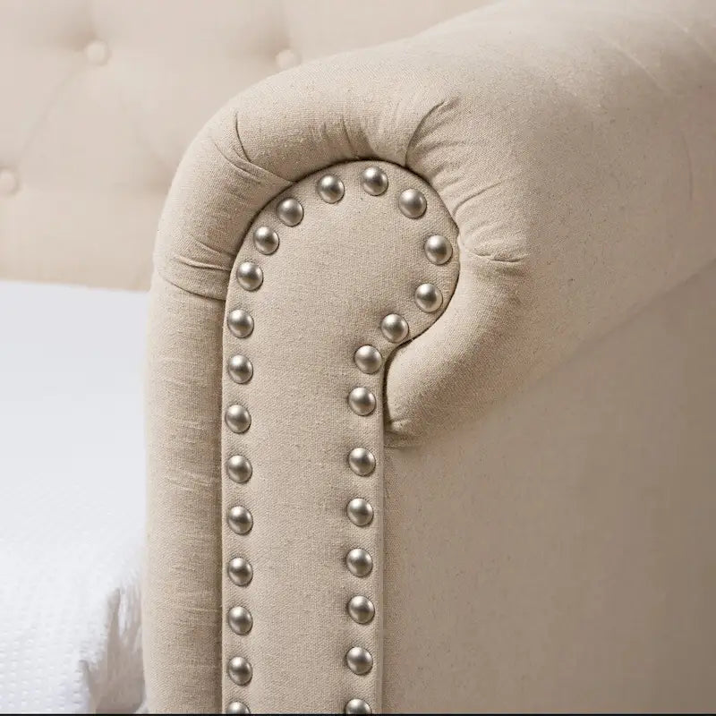 Twin Upholstered Daybed with Roll-Out Trundle Rolled Arms Nailhead Trim Beige Grey