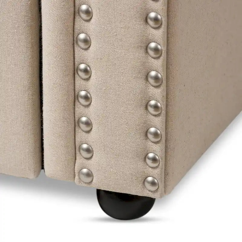 Twin Upholstered Daybed with Roll-Out Trundle Rolled Arms Nailhead Trim Beige Grey