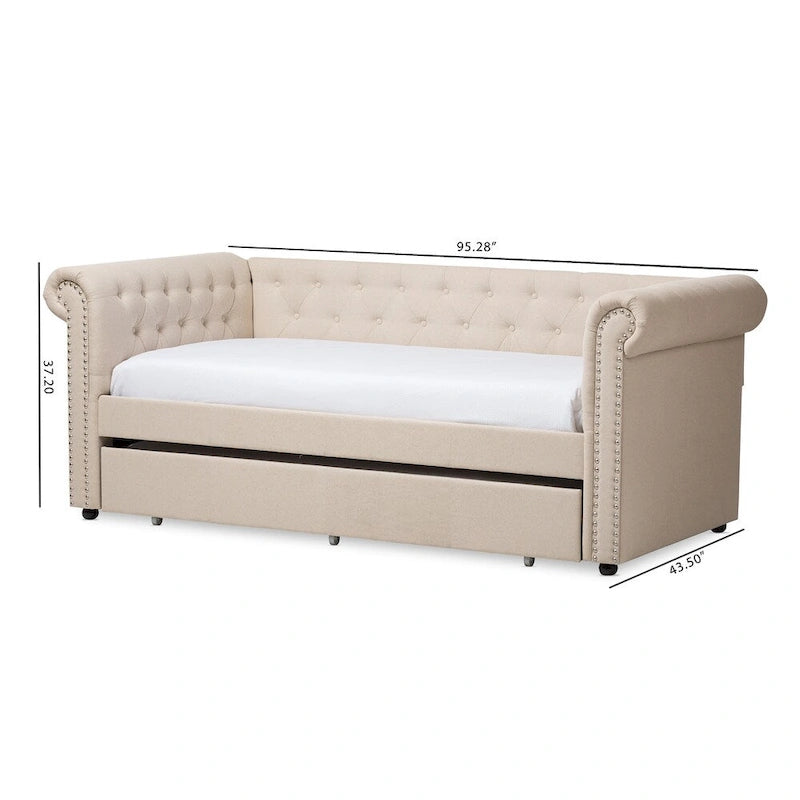 Twin Upholstered Daybed with Roll-Out Trundle Rolled Arms Nailhead Trim Beige Grey