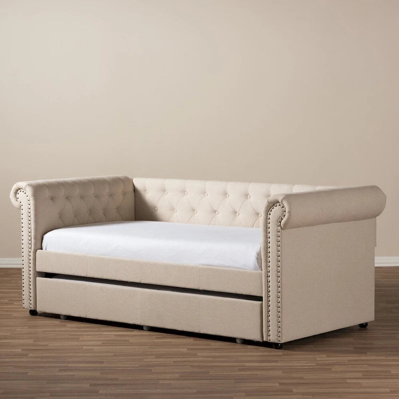 Twin Upholstered Daybed with Roll-Out Trundle Rolled Arms Nailhead Trim Beige Grey