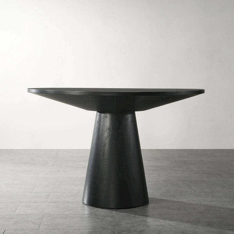 Tavolo da pranzo rotondo con base centrale, impiallacciatura in rovere, MDF e base in legno di gomma, ebano, driftwood e bianco
