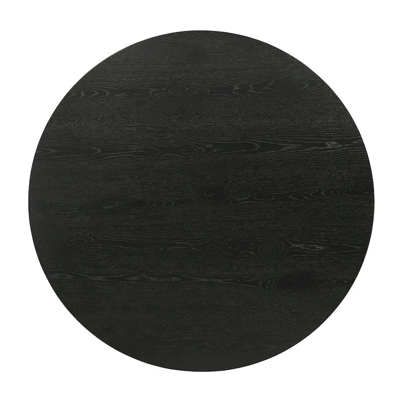 Tavolo da pranzo rotondo con base centrale, impiallacciatura in rovere, MDF e base in legno di gomma, ebano, driftwood e bianco
