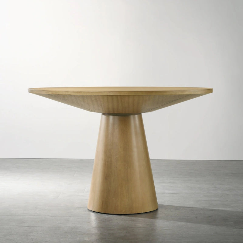 Tavolo da pranzo rotondo con base centrale, impiallacciatura in rovere, MDF e base in legno di gomma, ebano, driftwood e bianco