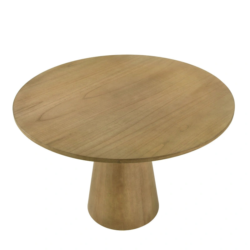 Tavolo da pranzo rotondo con base centrale, impiallacciatura in rovere, MDF e base in legno di gomma, ebano, driftwood e bianco