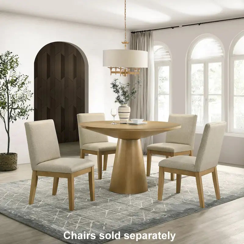 Tavolo da pranzo rotondo con base centrale, impiallacciatura in rovere, MDF e base in legno di gomma, ebano, driftwood e bianco