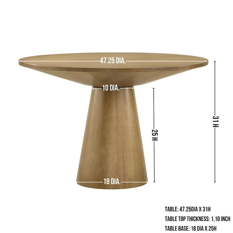 Tavolo da pranzo rotondo con base centrale, impiallacciatura in rovere, MDF e base in legno di gomma, ebano, driftwood e bianco