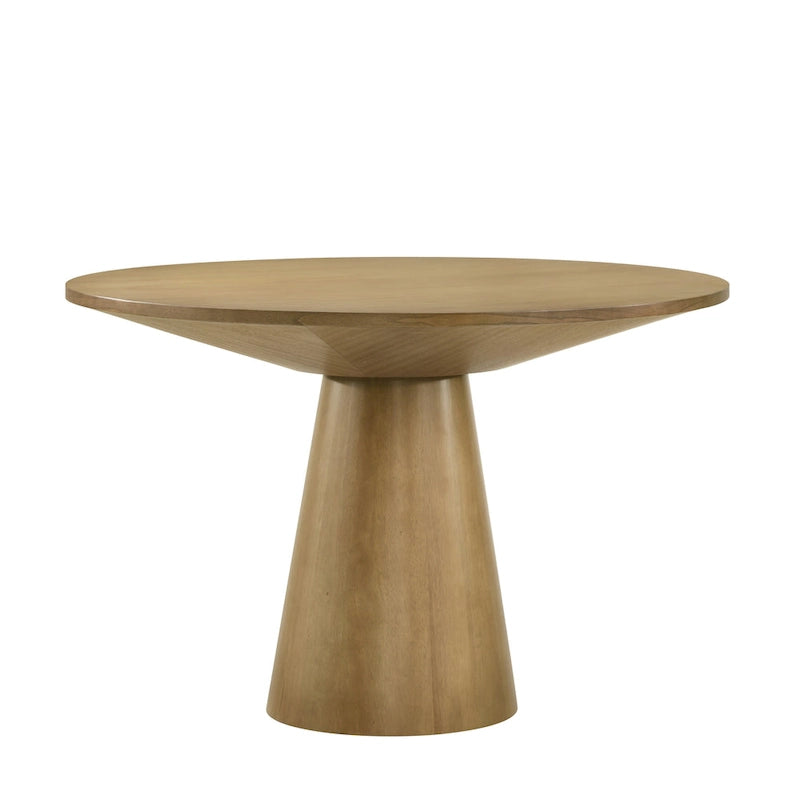 Tavolo da pranzo rotondo con base centrale, impiallacciatura in rovere, MDF e base in legno di gomma, ebano, driftwood e bianco