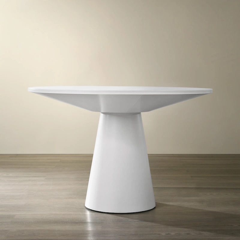 Tavolo da pranzo rotondo con base centrale, impiallacciatura in rovere, MDF e base in legno di gomma, ebano, driftwood e bianco