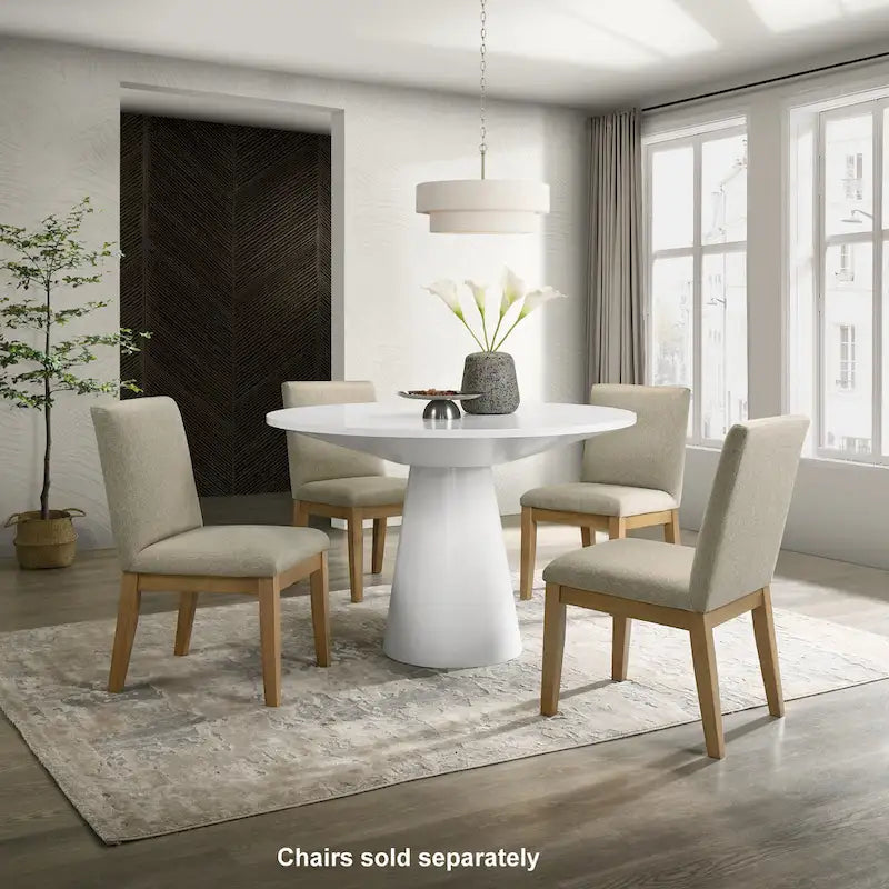 Tavolo da pranzo rotondo con base centrale, impiallacciatura in rovere, MDF e base in legno di gomma, ebano, driftwood e bianco